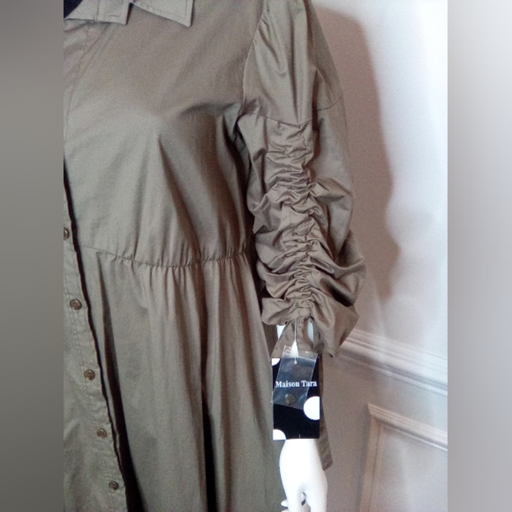 Women's MaisonTara 3/4 Sleeve Collared Shirt Dress, SizeXL, Olive, NEW - Picture 7 of 16